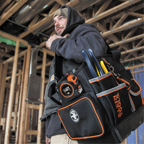 Tradesman Pro Tool Tote, Ballistic Nylon, 40 Pockets, Black/Orange Action Paper