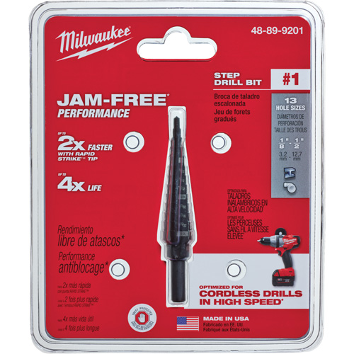 #1 Step Drill Bit, 1/8" - 1/2" , 1/32" Increments, High Speed Steel Action Paper