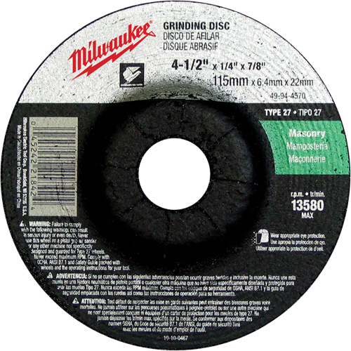 Grinding Wheel, 4-1/2" x 1/4", 7/8" Arbor, Silicon Carbide, Type 27 Action Paper