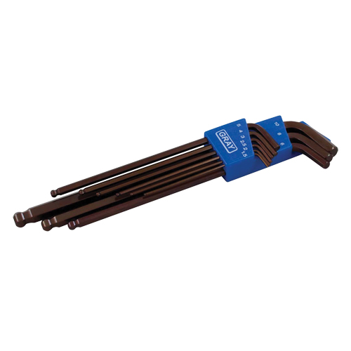 Extra Long Arm Ball Hex Key Set, 9 Pcs., Metric Action Paper