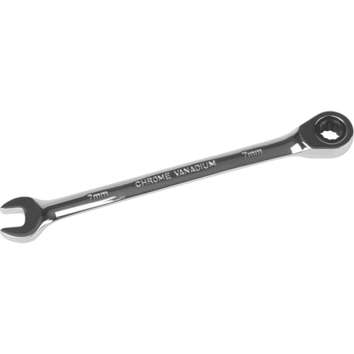 Metric Ratcheting Combination Wrench, 12 Point, 7 mm, Chrome Finish Action Paper