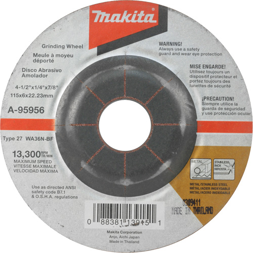 INOX Grinding Wheel, 4-1/2" x 1/4", 7/8" Arbor, Aluminum Oxide, Type 27 Action Paper