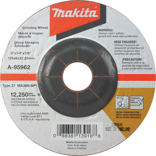 INOX Grinding Wheel, 5" x 1/4", 7/8" Arbor, Aluminum Oxide, Type 27 Action Paper