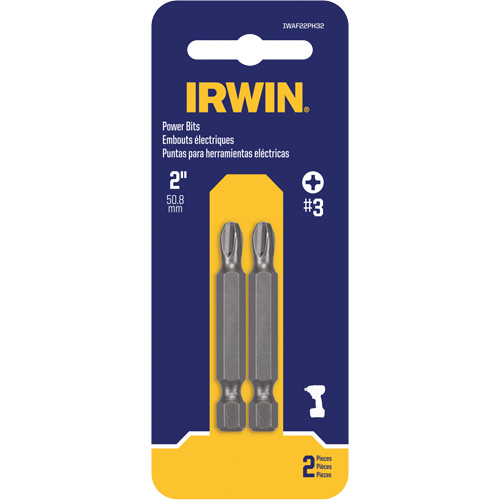 Power Bits, Phillips, #3 Tip, 1/4" Drive Size, 2" Length Action Paper