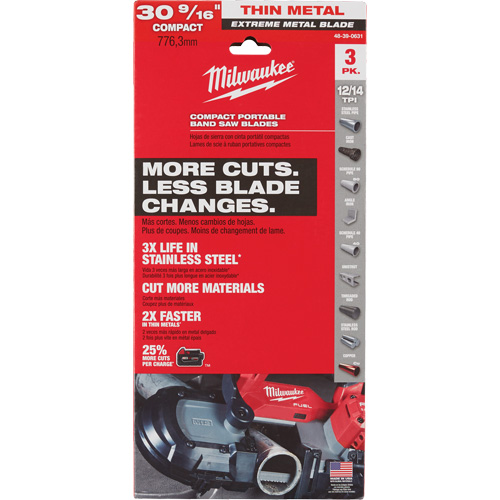 Extreme Metal Band Saw Blades, High Speed Steel, 30-9/16" L x 1/2" W x 0.02" Thick, 12/14 TPI Action Paper