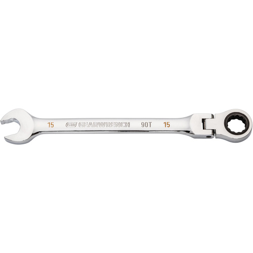90-Tooth Flex Head Ratcheting Combination Wrench, 12 Point, 15 mm, Chrome Finish Action Paper