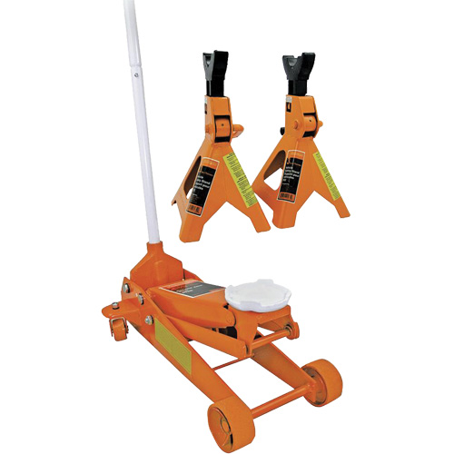 Cric datelier 3 tonnes avec paires de chandelles pour v&eacute;hicule de 3 tonnes, 2,5 tonne(s) Capacit&eacute;, 5" Abaiss&eacute;e, 19-1/4" &eacute;lev&eacute;e, Hydraulique &agrave; main Action Paper