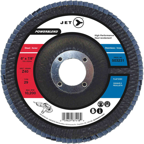 Flap Discs - Steel/Stainless Steel Application, 6" x 7/8", Type 29, Z40 Grit, Zirconium Action Paper