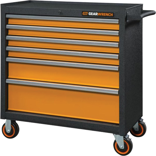 GSX Series Rolling Tool Cabinet, 6 Drawers, 36" W x 18-1/5" D x 37-2/5" H, Black/Orange Action Paper