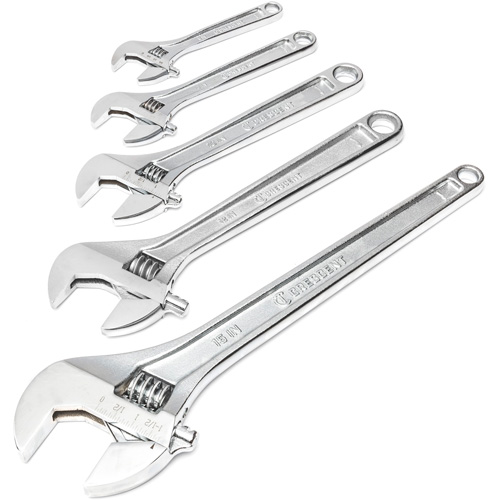 Chrome Wrench Set, Adjustable, 5 Pieces, Imperial and Metric Action Paper