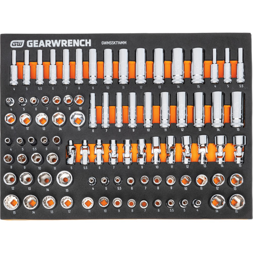 Jeu d'outils m&eacute;triques pour m&eacute;canicien MEGAMOD dans des plateaux en mousse modulaire avec armoire roulante &agrave; outils, 358 morcea Action Paper