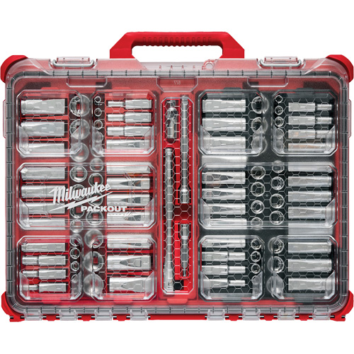 Jeu de cliquets et douilles m&eacute;triques/SAE avec organisateur PACKOUT &agrave; profil bas, 98 Mcx, Prise de 3/8" Action Paper