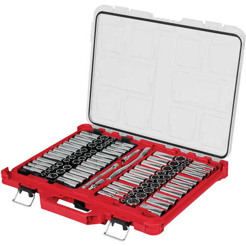 Jeu de cliquets et douilles m&eacute;triques/SAE avec organisateur PACKOUT &agrave; profil bas, 98 Mcx, Prise de 3/8" Action Paper