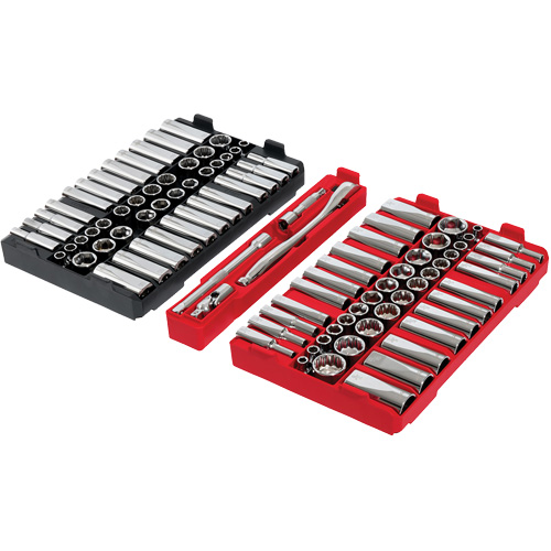 Jeu de cliquets et douilles m&eacute;triques/SAE avec organisateur PACKOUT &agrave; profil bas, 98 Mcx, Prise de 3/8" Action Paper