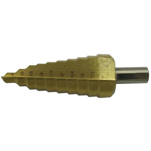 JET-KUT&reg; Super Premium 11-Step Step Drill, 1/4" - 1-3/8" , 7/8"/1"/1/4"/1-3/8"/1-1/8"/1-1/4"/13/16"/25/64"/35/64"/11/16"/1-7/32" Increments, High Speed Steel Action Paper