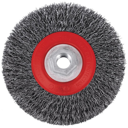 5C14T High Performance Crimped Wire Brush, 5" Dia., 0.014" Fill, 5/8"-11NC Arbor Action Paper