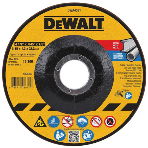 Metal Cutting Wheel, 4-1/2" x 0.045", 7/8" Arbor, Type 27, Aluminum Oxide Action Paper