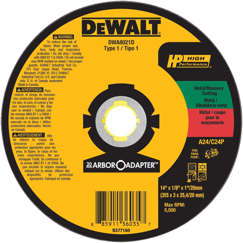 High Performance Cutting Wheel for Circular Saws, 14" x 1/8" Arbor, Aluminum Oxide Action Paper