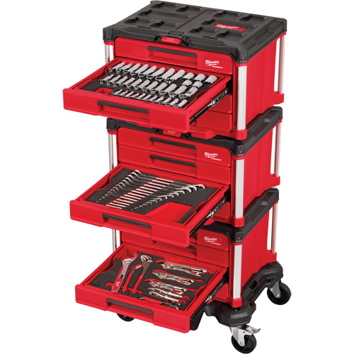 Ensemble maître de 366 outils &agrave; main pour m&eacute;caniciens avec tiroirs PACKOUT et diable, 16-3/10" x 22-1/5" x 48-5/8", Noir/Rouge Action Paper