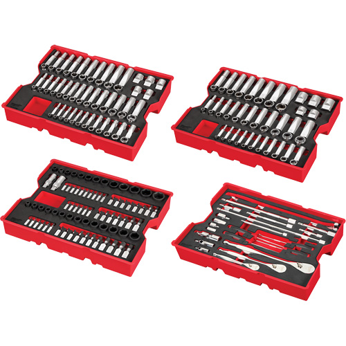 Jeu de cliquets et douilles m&eacute;triques et SAE avec organisateur PACKOUT &agrave; profil bas, 242 Mcx, Chocs, Prise de 1/4"/3/8"/1/2", Profond Action Paper