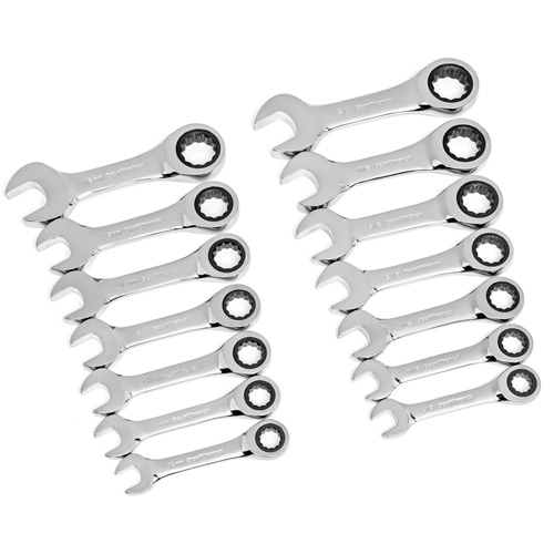 72-Tooth 12 Point Stubby Wrench Set, Ratcheting Combination, 14 Pieces, Imperial and Metric Action Paper