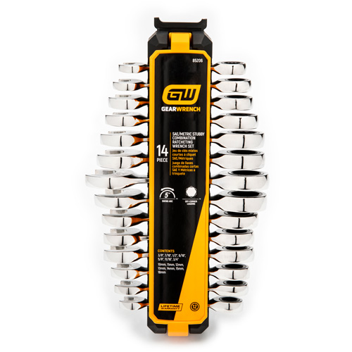 72-Tooth 12 Point Stubby Wrench Set, Ratcheting Combination, 14 Pieces, Imperial and Metric Action Paper