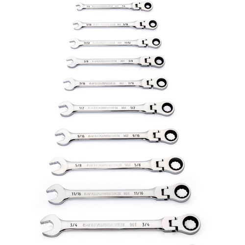 90-Tooth 12 Point SAE Wrench Set, Flex Head/Ratcheting Combination, 10 Pieces, Imperial Action Paper