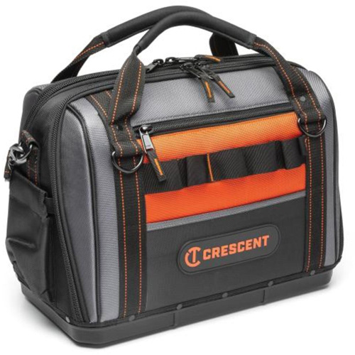 17" Tradesman Closed Top Tool Bag, Polyester, 3 Pockets, Black/Grey/Orange Action Paper
