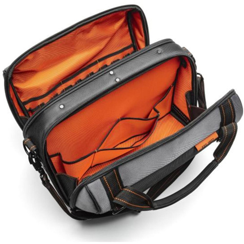 17" Tradesman Closed Top Tool Bag, Polyester, 3 Pockets, Black/Grey/Orange Action Paper