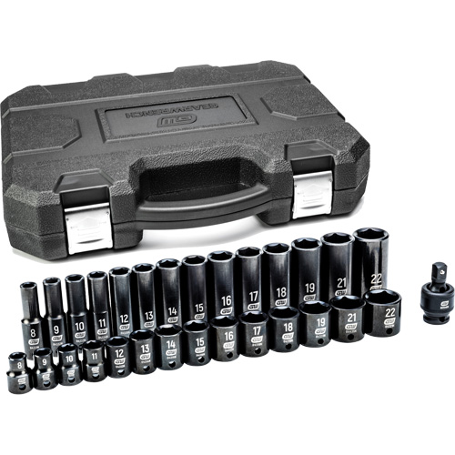 6-Point Metric Socket Set, 29 Pcs, Impact, 3/8" Drive Size, Deep Action Paper
