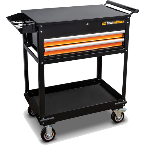 Utility Cart, 2 Drawers, 32-1/2" W x 42" H, Black/Orange Action Paper