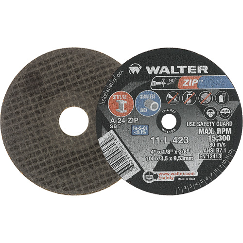 Zip Cut-Off Wheel, 4" x 1/8", 3/8" Arbor, Type 1, Aluminum Oxide, 19100 RPM Action Paper