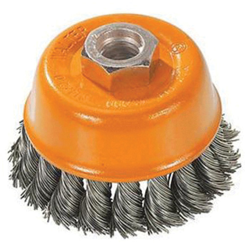 Knot-Twisted Wire Cup Brush, 3" Dia. x M10x1.25 Arbor Action Paper