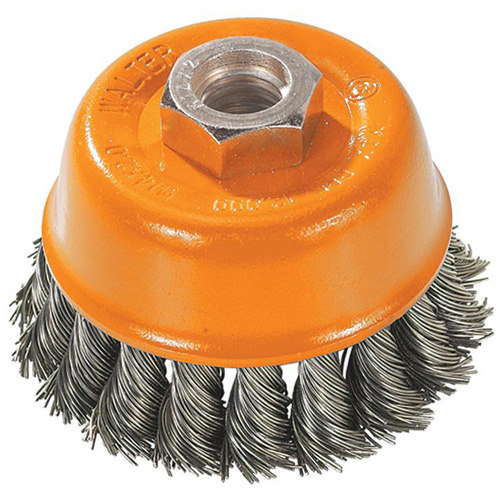 Knot-Twisted Wire Cup Brush, 3" Dia. x M14 Arbor Action Paper
