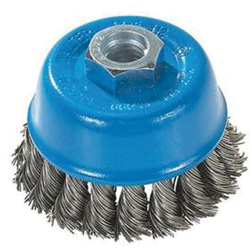 Knot-Twisted Wire Cup Brush, 3" Dia. x M10x1.25 Arbor Action Paper
