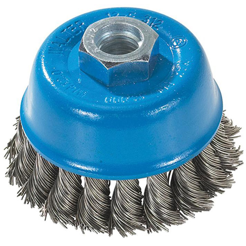 Knot-Twisted Wire Cup Brush, 3" Dia. x M14 Arbor Action Paper