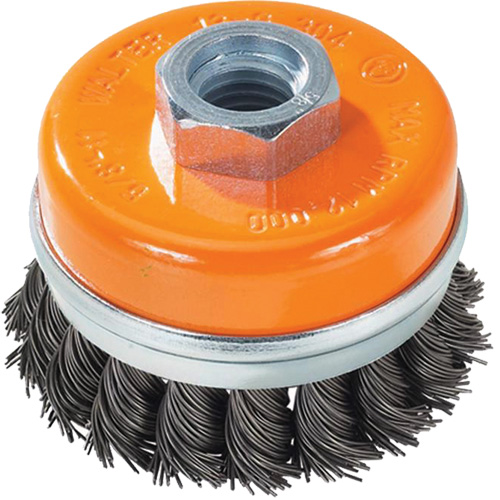 Knot-Twisted Wire Cup Brush with Ring, 3" Dia. x 5/8"-11 Arbor Action Paper
