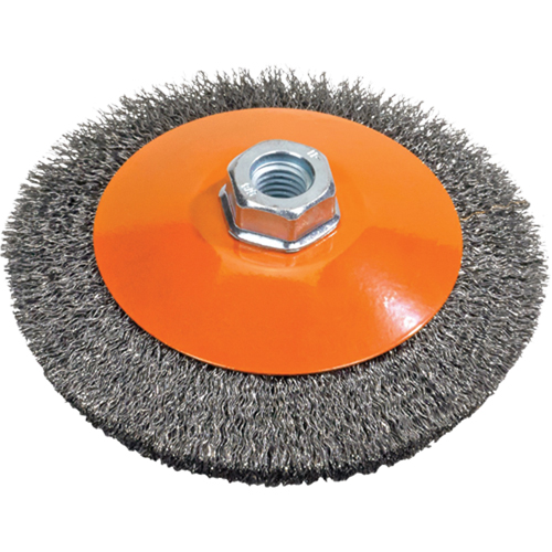 Brosse soucoupe &agrave; fils nou&eacute;s torsad&eacute;s, Dia. 5", Fils 0,02", Arbre 5/8"-11, Acier Action Paper
