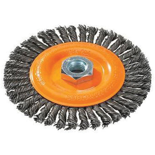 Brosse &agrave; fils nou&eacute;s pour cordons de soudure, Dia. 4", Fils 0,02", Arbre 5/8"-11, Acier Action Paper
