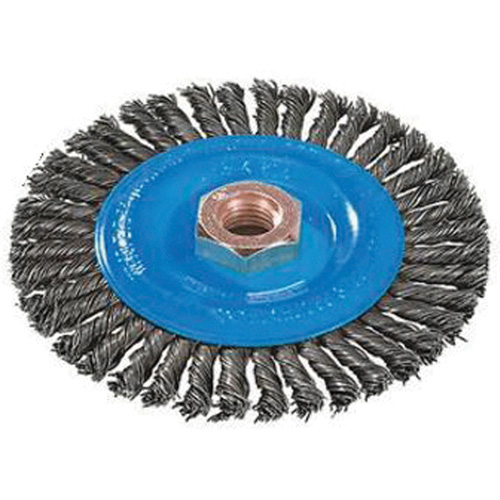 Stringer Bead Knotted Wire Brush, 4" Dia., 0.02" Fill, 5/8"-11 Arbor, Aluminum/Stainless Steel Action Paper