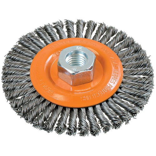 Brosse &agrave; fils nou&eacute;s pour cordons de soudure, Dia. 4-1/2", Fils 0,02", Arbre 5/8"-11, Acier Action Paper