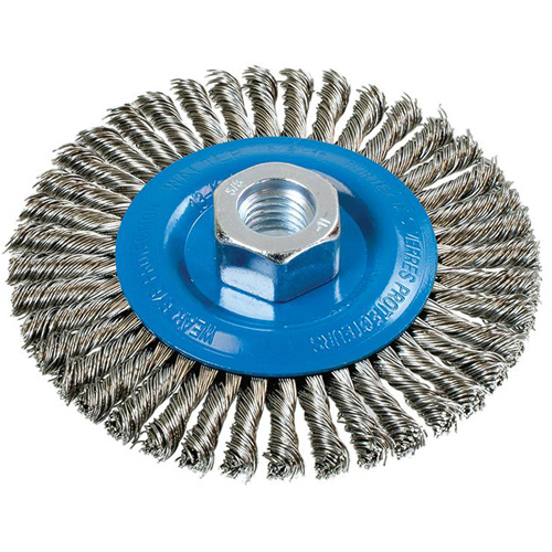 Brosse &agrave; fils nou&eacute;s pour cordons de soudure, Dia. 4-1/2", Fils 0,02", Arbre 5/8"-11, Aluminium/Acier inoxydable Action Paper
