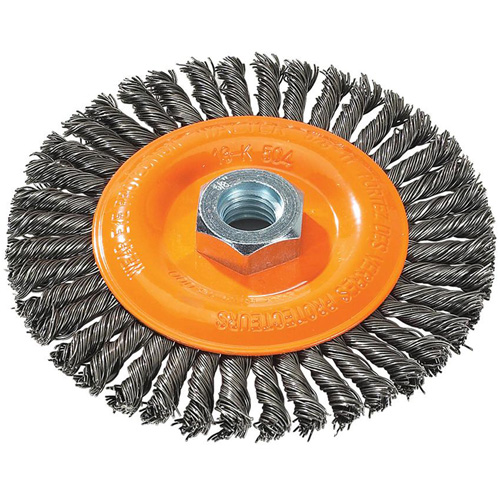Brosse &agrave; fils nou&eacute;s pour cordons de soudure, Dia. 5", Fils 0,02", Arbre 5/8"-11, Acier Action Paper