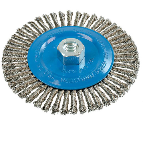 Brosse &agrave; fils &eacute;troits nou&eacute;s et torsad&eacute;s, Dia. 6", Fils 0,02", Arbre 5/8"-11, Aluminium/Acier inoxydable Action Paper