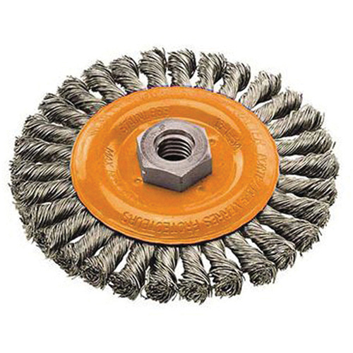 Wide Knotted Wire Wheel Brush, 4" Dia., 0.02" Fill, 5/8"-11 Arbor, Steel Action Paper