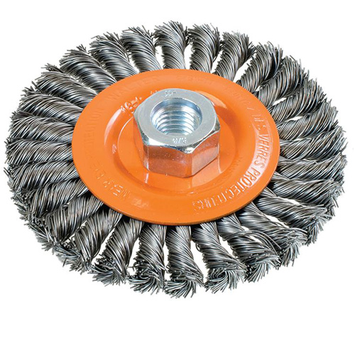 Wide Knotted Wire Wheel Brush, 4-1/2" Dia., 0.02" Fill, 5/8"-11 Arbor, Steel Action Paper