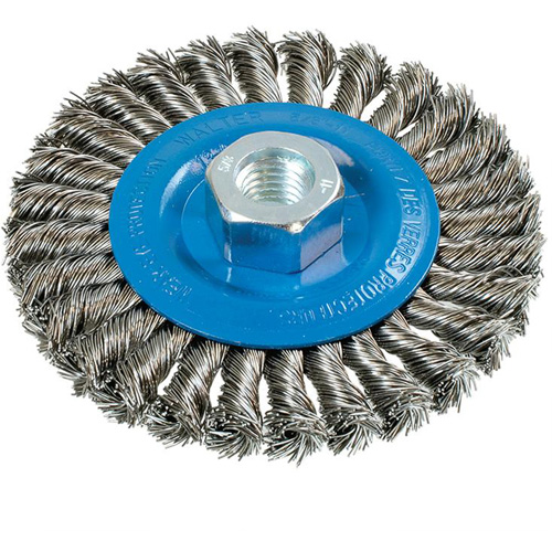 Brosse rotative &agrave; fils nou&eacute;s large, Dia. 4-1/2", Fils 0,02", Arbre 5/8"-11, Aluminium/Acier inoxydable Action Paper