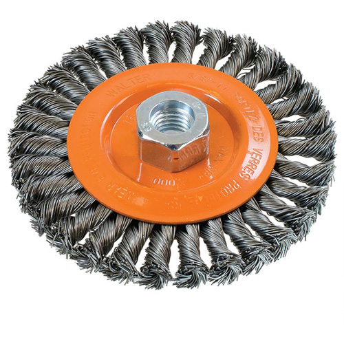 Wide Knotted Wire Wheel Brush, 5" Dia., 0.02" Fill, 5/8"-11 Arbor, Steel Action Paper