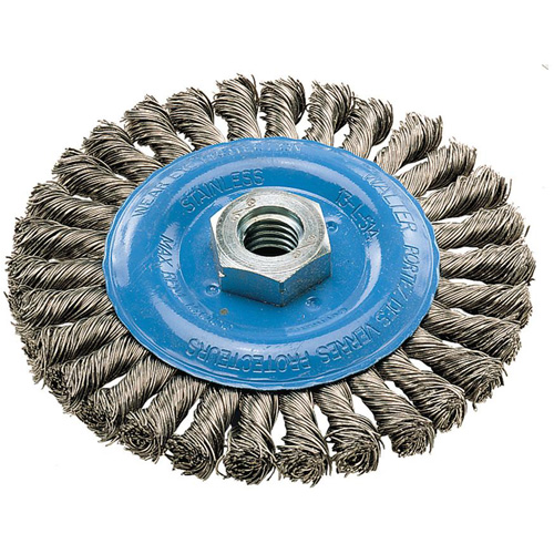 Wide Knotted Wire Wheel Brush, 5" Dia., 0.02" Fill, 5/8"-11 Arbor, Aluminum/Stainless Steel Action Paper