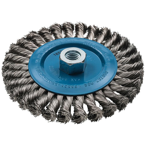 Brosse rotative &agrave; fils nou&eacute;s large, Dia. 6", Fils 0,02", Arbre 5/8"-11, Aluminium/Acier inoxydable Action Paper